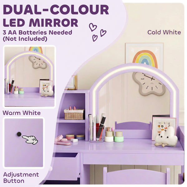 Coiffeuse pour enfant avec miroir LED bicolore, rangements et chaise, mauve