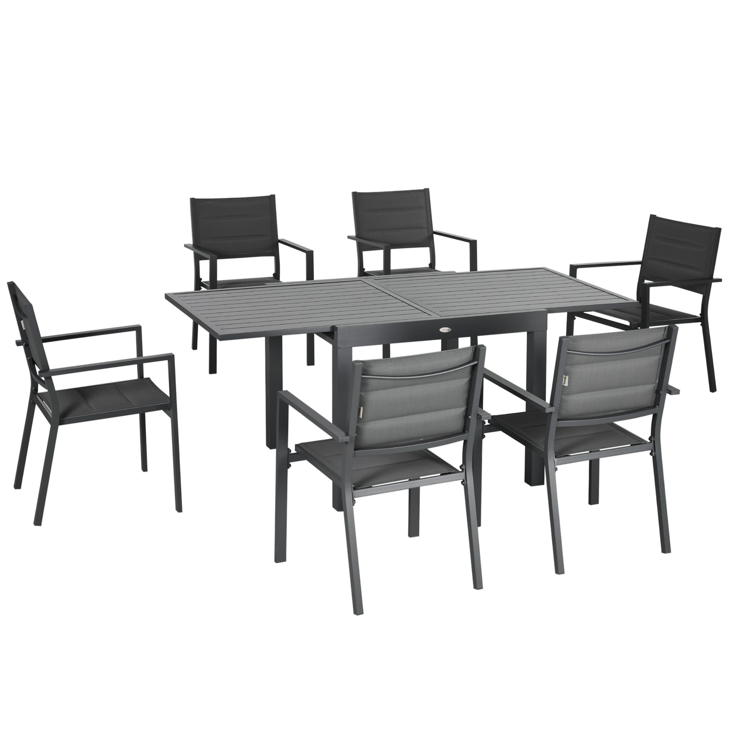 Ensemble de salle à manger de jardin 7 pièces pour 6 personnes, table d'extérieur extensible en aluminium, chaises empilables à dossier haut, gris foncé