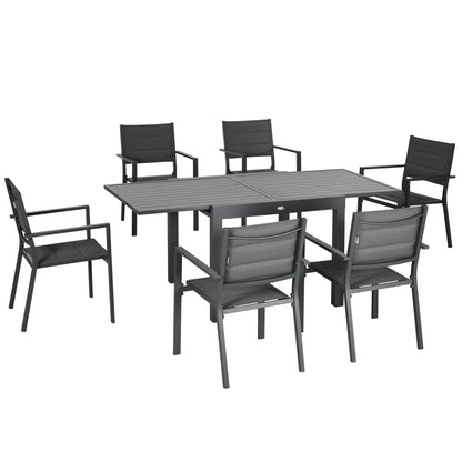 Ensemble de salle à manger de jardin 7 pièces pour 6 personnes, table d'extérieur extensible en aluminium, chaises empilables à dossier haut, gris foncé