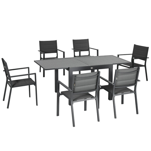 Ensemble de salle à manger de jardin 7 pièces pour 6 personnes, table d'extérieur extensible en aluminium, chaises empilables à dossier haut, gris foncé