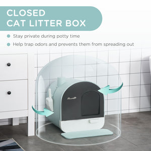 Litter box with lid, removable tray, scoop and filter, green