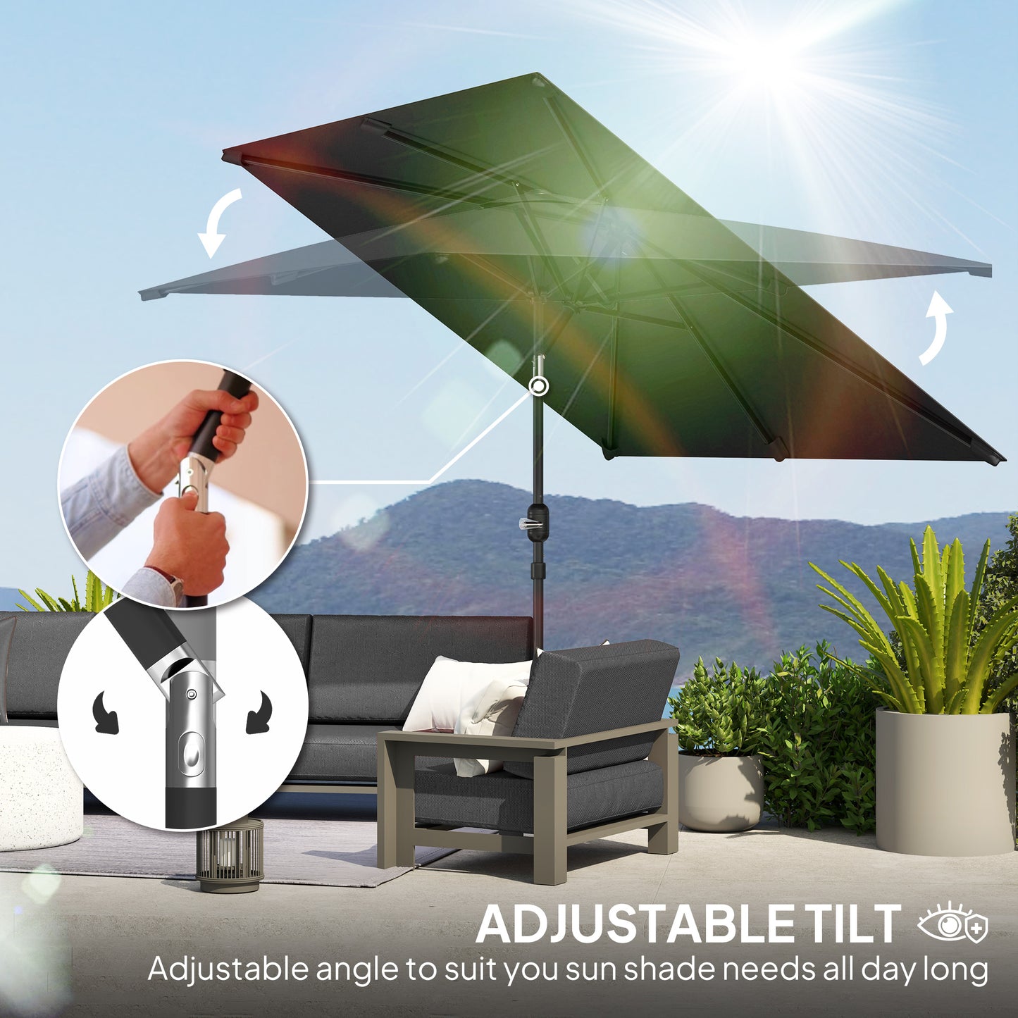 Parasol de jardin rectangulaire inclinable en aluminium 2 x 3 m, parasol de jardin, parasol d'extérieur avec manivelle, gris foncé