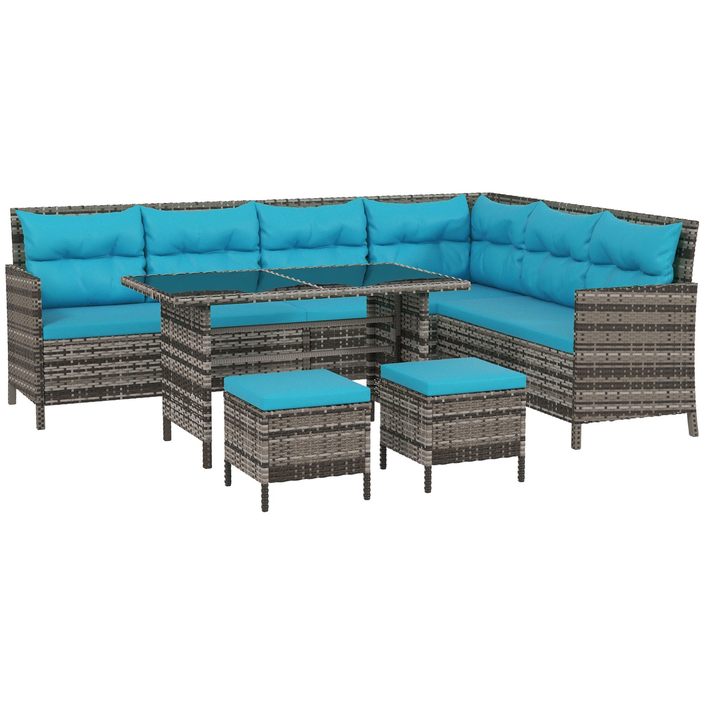 Outsunny 6 Piece Outdoor Rattan Sofa Set with Dining Table and Chairs Sky Blue
