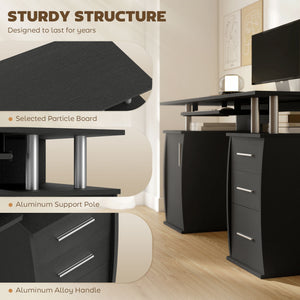 Computer desk with keyboard tray, drawers and storage shelves, black