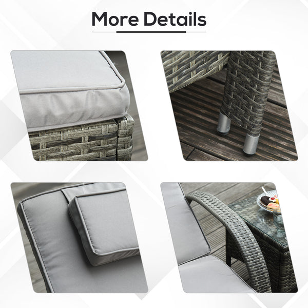 Patio Rattan Lounge Set, Wheeled Wicker Chaise Lounge Chair and Table with Tempered Glass Top, Mixed Grey