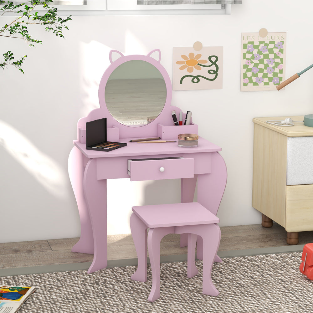 Coiffeuse avec miroir et tabouret, motif chat, rose