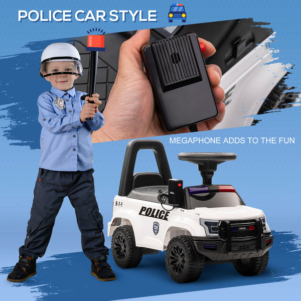 Kids' Sliding Police Car with Hidden Underseat Storage, Megaphone, Removable Backrest, White