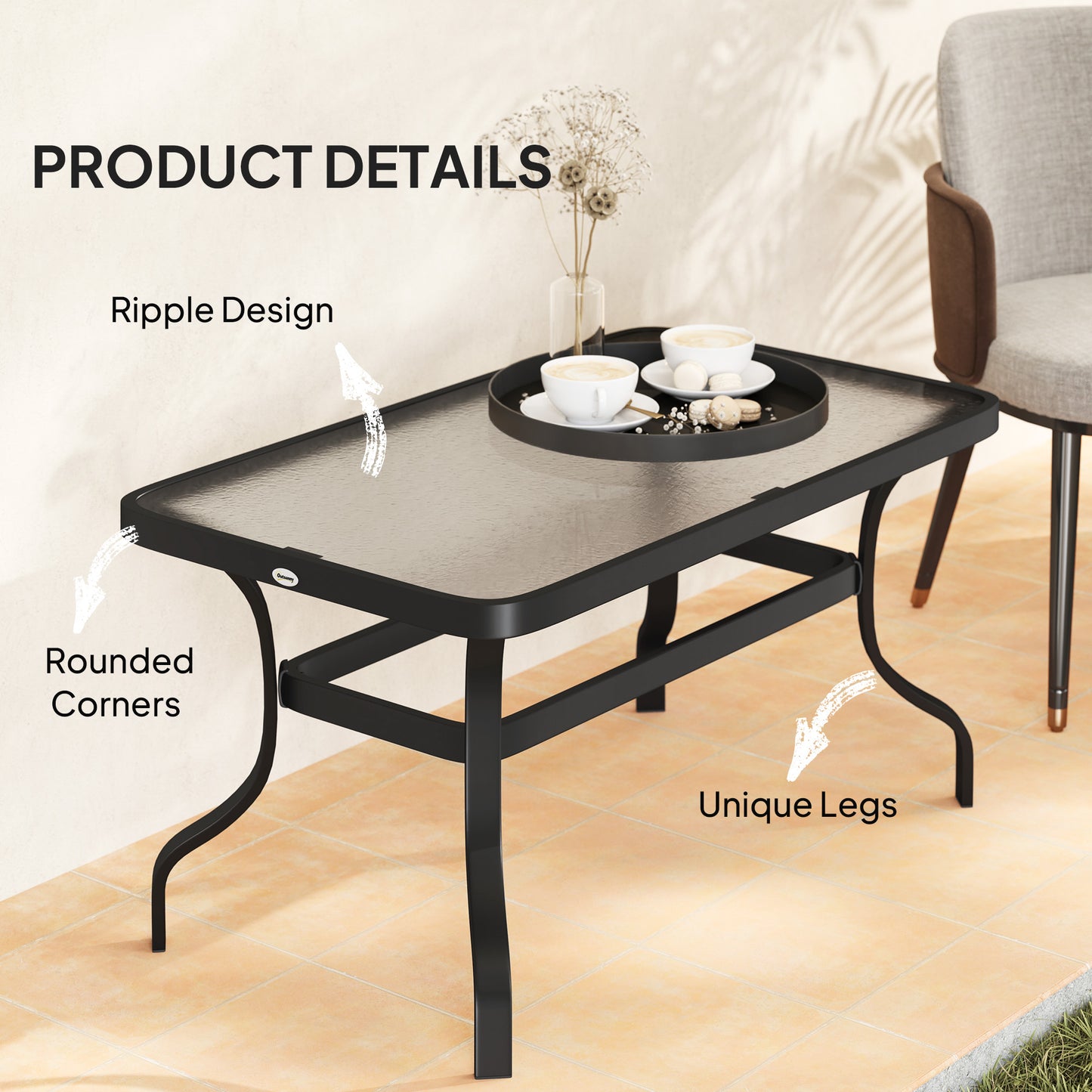 Table basse de patio avec plateau en verre trempé et cadre en métal, noire