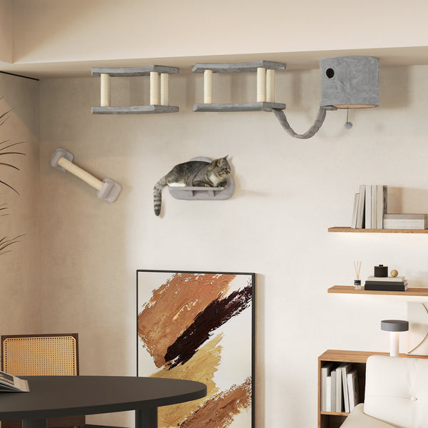 Arbre à chat mural avec griffoir, échelle, niche et plateformes de saut, gris clair