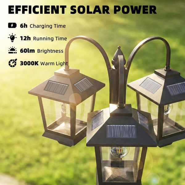 74" 3-Head Solar Streetlight, IP44 Waterproof, with Automatic Dusk-to-Dawn Sensor.