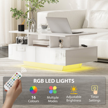 Table basse avec éclairage LED RVB avec 4 tiroirs, étagère ouverte, télécommande, blanc brillant