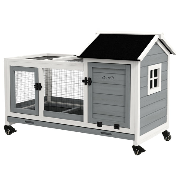Rabbit hutch with wheels, ramp, run, and tray, gray