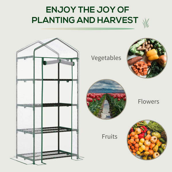 Portable greenhouse with 4 shelves and steel frame