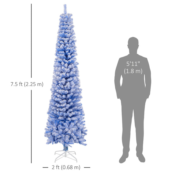 Sapin de Noël bleu givré de 7,3 pieds en forme de crayon