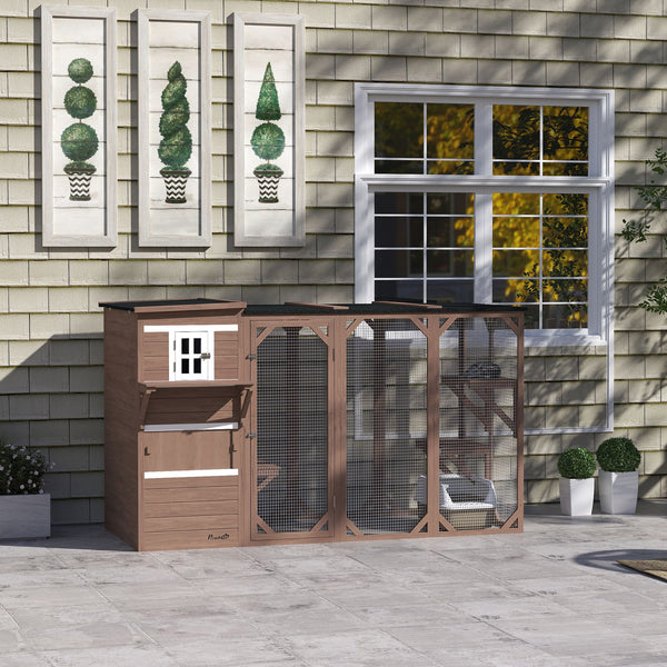 Enclos en bois pour chats avec toit en asphalte, plateformes et portes verrouillables, marron.