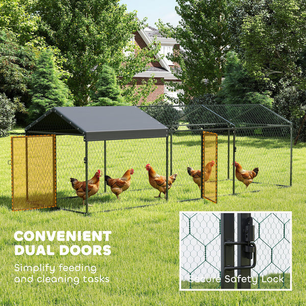 Large metal chicken coop with waterproof and anti-UV cover