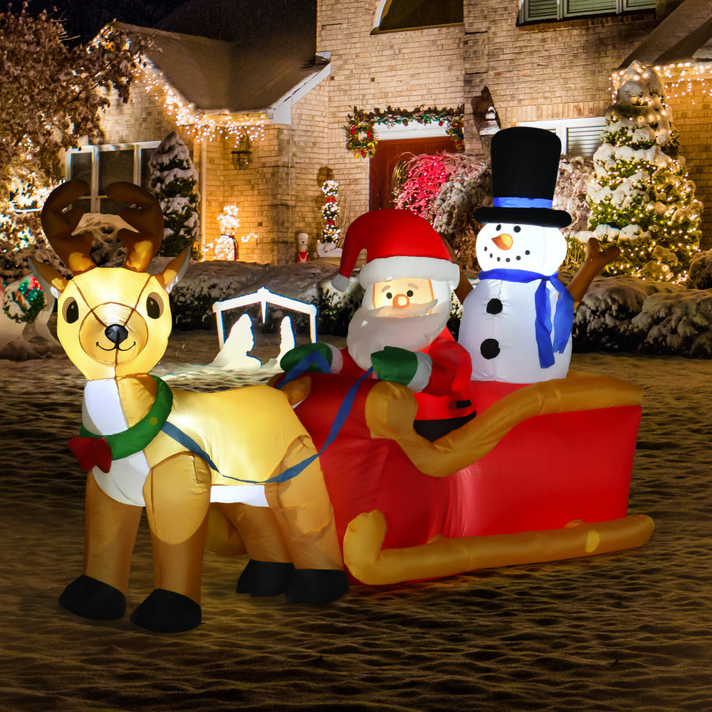 Père Noël gonflable et bonhomme de neige sur traîneau avec renne de 2m