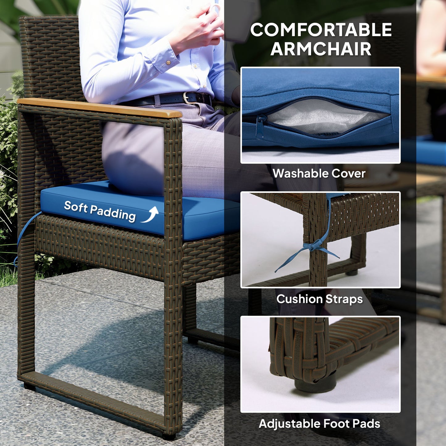 Outsunny 3 Piece Wicker Garden Furniture Set, Rattan Bistro Set with Acacia Wood Table and Removable Cushions, Dark Blue