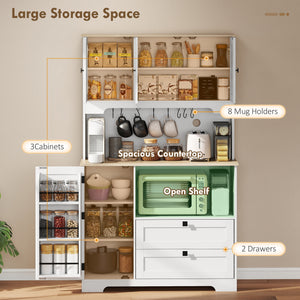 Kitchen Pantry Cabinet, 64" Tall Kitchen Hutch with 3 Cabinets, 2 Drawers, Adjustable Shelves, Microwave Stand, White