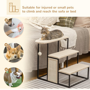20" 3 Steps Cat Stairs, Carpeted Ladder Ramp, Pet Steps with Scratching Board and Hanging Ball for Small Cats, Steel Frame, Cream White