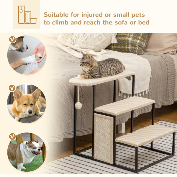 20" 3 Steps Cat Stairs, Carpeted Ladder Ramp, Pet Steps with Scratching Board and Hanging Ball for Small Cats, Steel Frame, Cream White