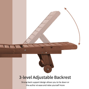 Wooden Outdoor Lounge Chair, Adjustable Patio Outdoor Chaise Recliner Garden Furniture, Tanning Chair with Pull-out Tray and 2 Wheels, Brown