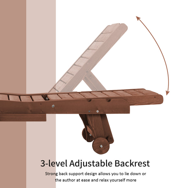 Wooden Outdoor Lounge Chair, Adjustable Patio Outdoor Chaise Recliner Garden Furniture, Tanning Chair with Pull-out Tray and 2 Wheels, Brown