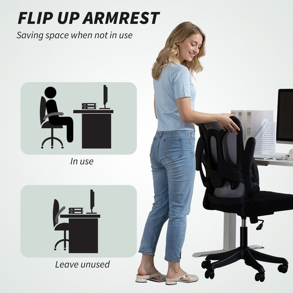 Ergonomic swivel office chair with adjustable lumbar support and height, flip-up armrests, casters, black