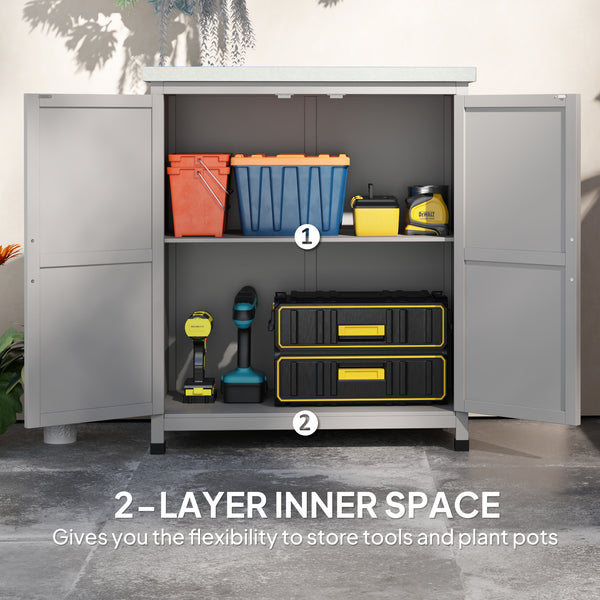 Garden storage unit with metal top, shelf and double door, grey