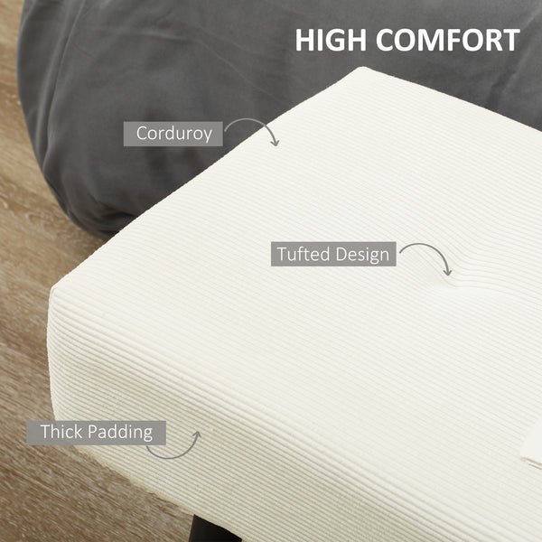 Banc ottoman rembourré en velours côtelé avec pieds en acier, blanc crème