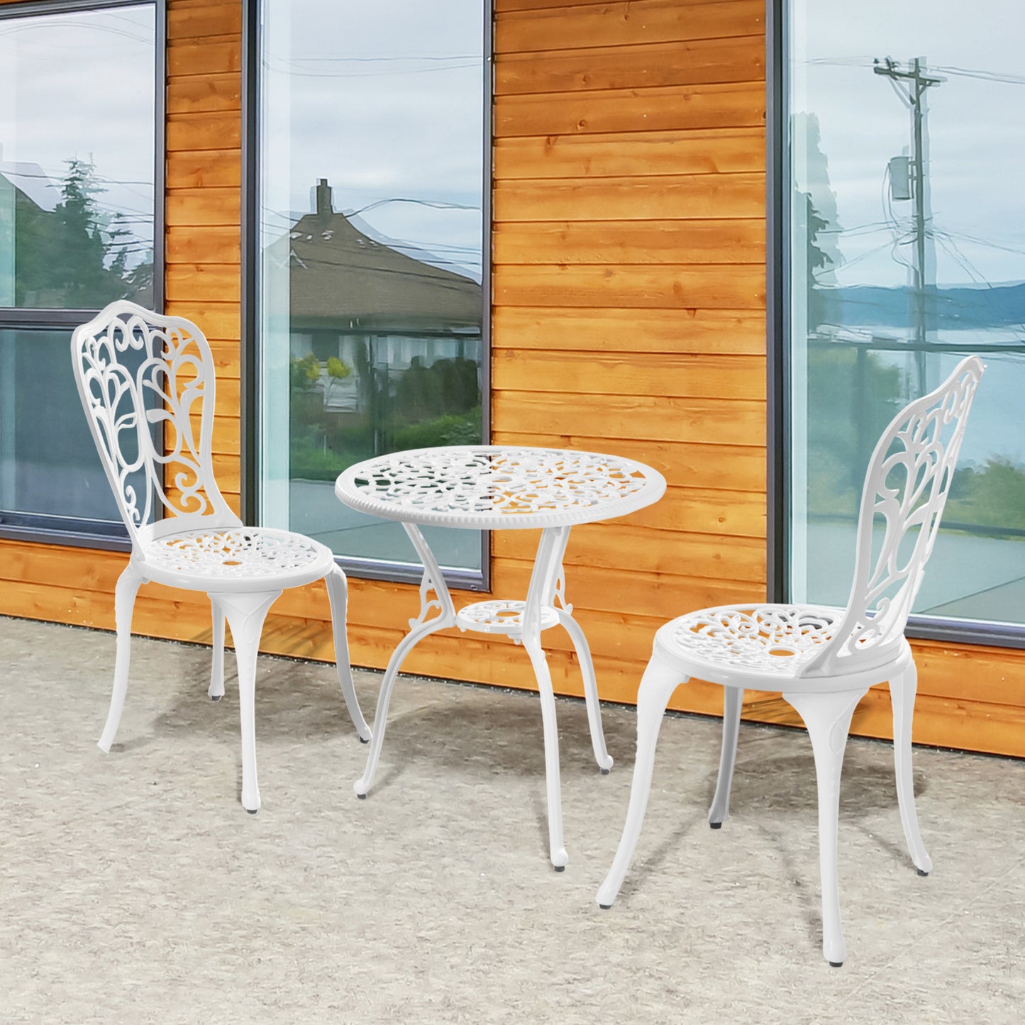 3 Piece Antique Style Outdoor Bistro Set, Patio Table and Chairs with Umbrella Hole, White