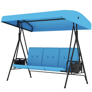 3-Seat Outdoor Porch Swing Patio Swing with Adjustable Canopy, Side Tray, Removable Cushion for Garden, Poolside, Blue