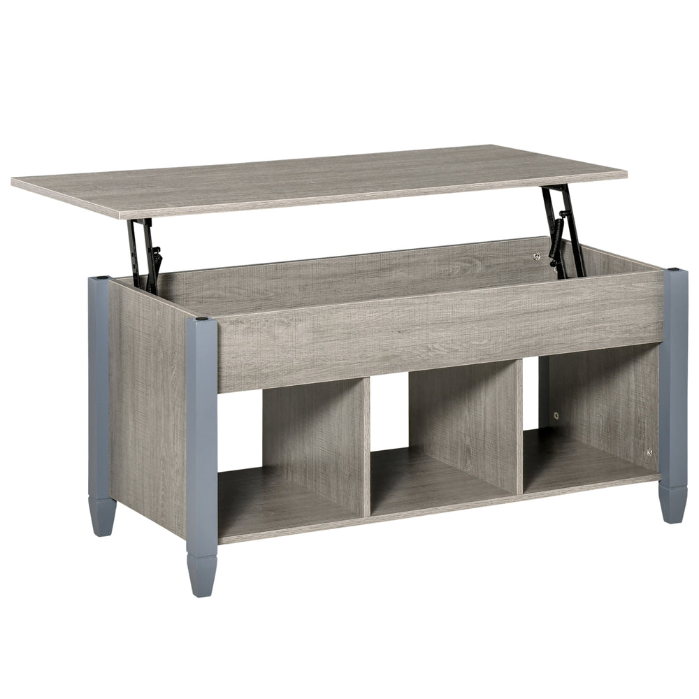 Table basse relevable avec compartiment dissimulé et 3 étagères inférieures gris