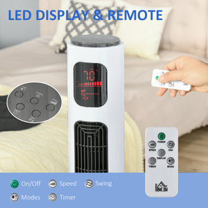 Ventilateur tour autonome 3 vitesses, minuterie 12 h, panneau de capteur LED, télécommande, blanc