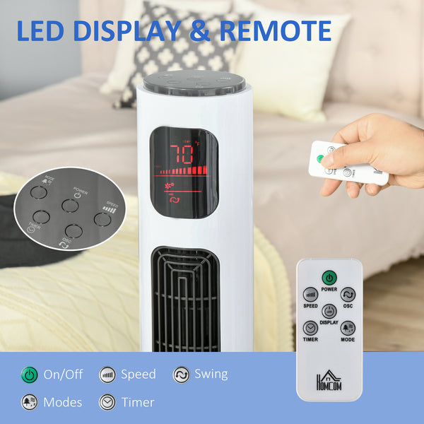 Ventilateur tour autonome 3 vitesses, minuterie 12 h, panneau de capteur LED, télécommande, blanc