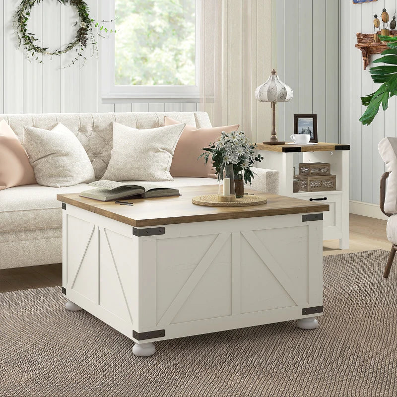 Table basse de style farmhouse avec couvercles rabattables, blanc antique