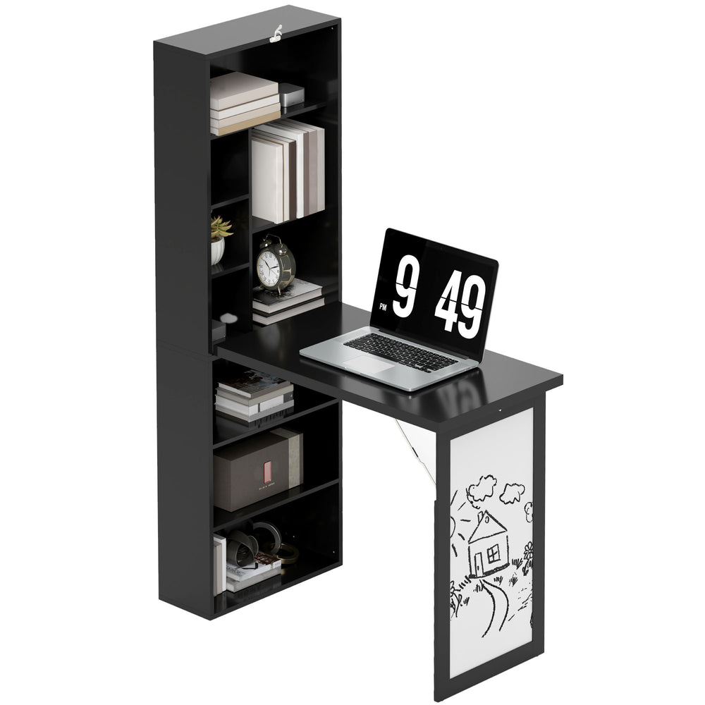 Bureau convertible pliable avec tableau blanc et étagère latérale, noir