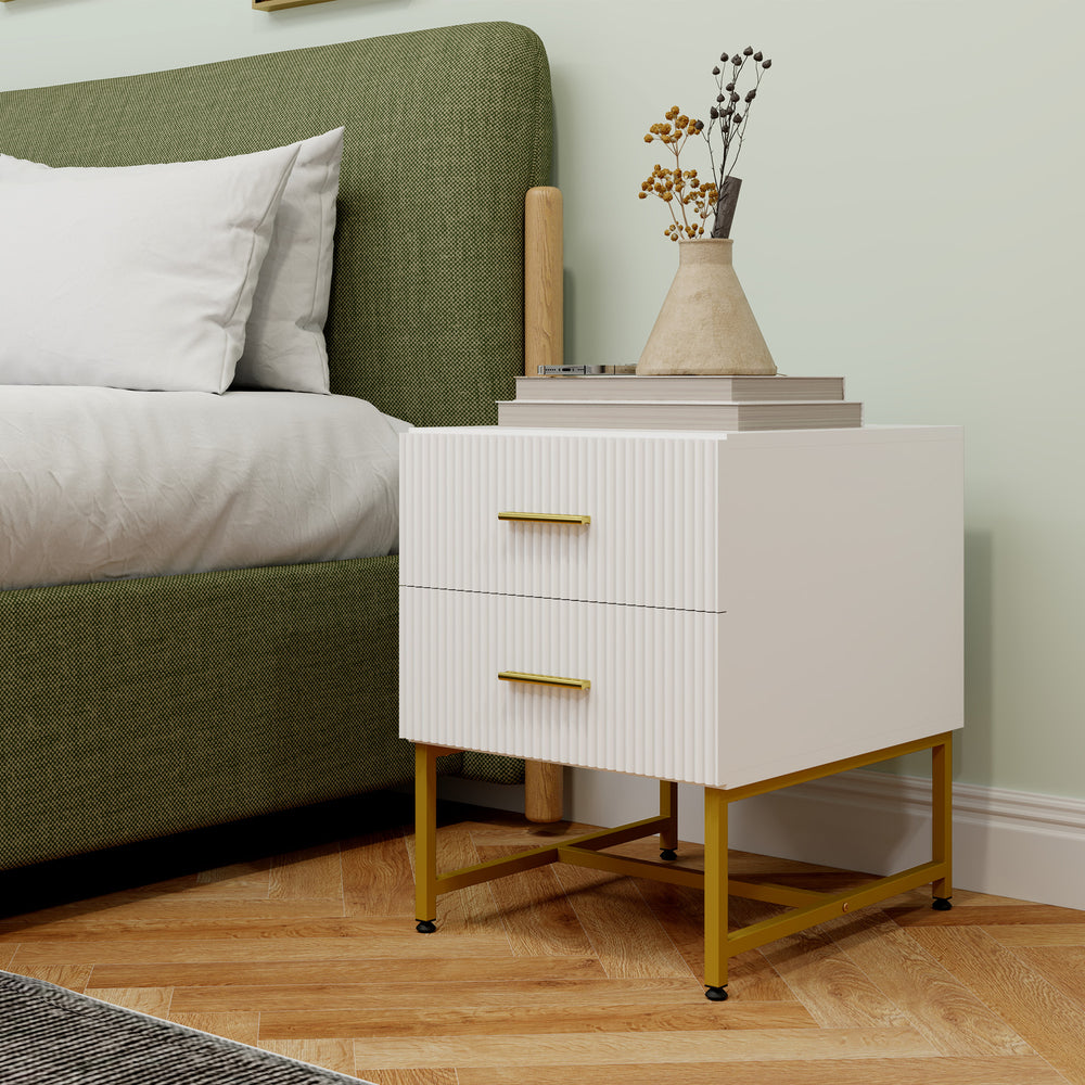 Lot de 2 tables de chevet modernes avec 2 tiroirs cannelés et pieds dorés, blanc