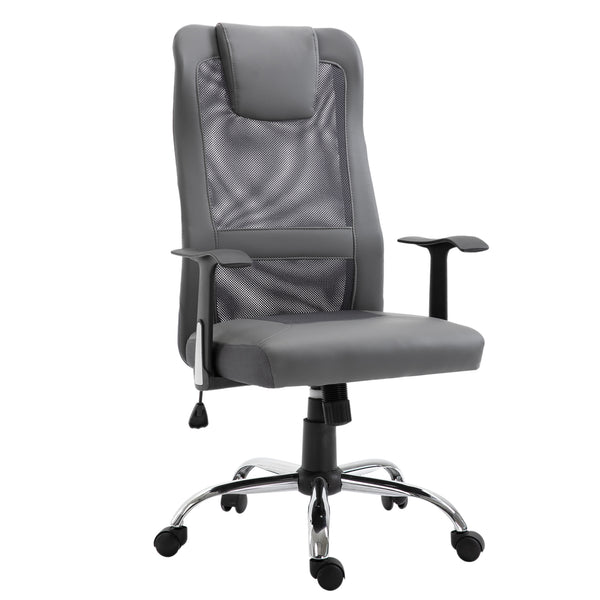 Ergonomic mesh office chair with thick padded headrest and armrests, grey.