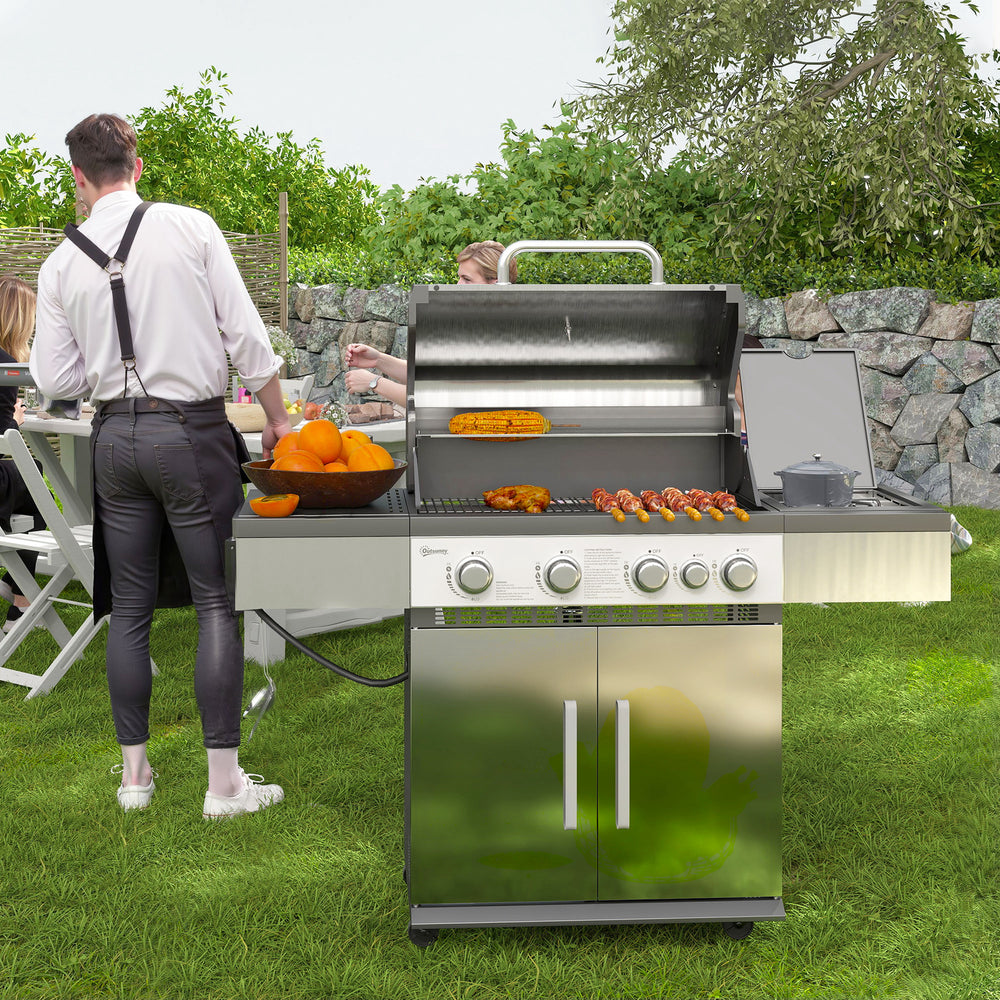 4+1 Burner Liquid Propane Gas Grill Outdoor Portable BBQ with Side Burner, Warming Rack, Side Shelf, Storage Cabinet, Thermometer, 4 Wheels, Tank Holder, Silver