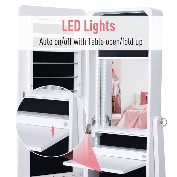 Armoire à bijoux sur pied avec miroir, éclairage LED et support, blanc