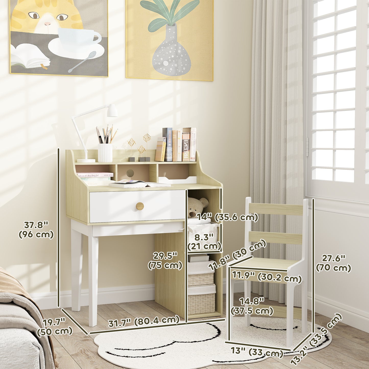 Ensemble bureau et chaises pour enfants, avec étagères de rangement et tiroir, de 3 à 10 ans, blanc