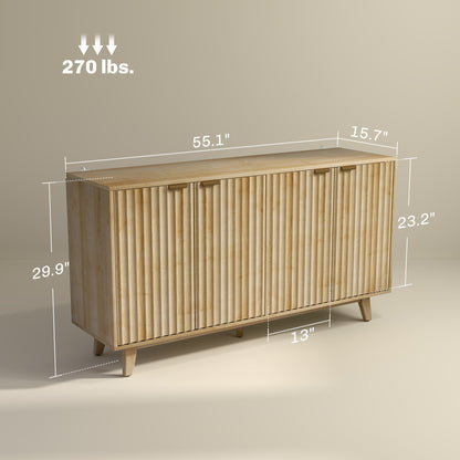 HOMCOM fluted sideboard, 140 cm bar cabinet, 4 doors, 2 adjustable shelves, 5 wooden legs, natural wood