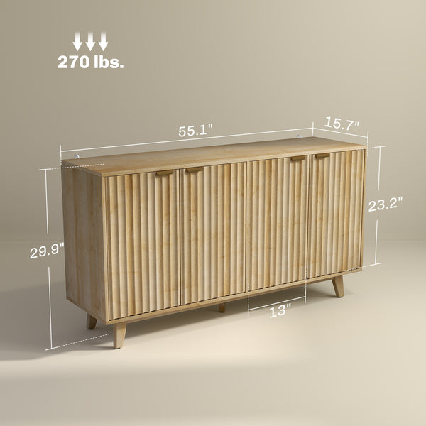 Buffet cannelé, meuble bar 140 cm, 4 portes, 2 étagères réglables, 5 pieds en bois, bois naturel