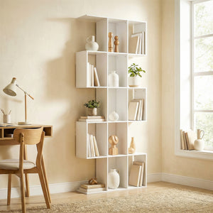 Bibliothèque à 5 niveaux en forme de S avec 15 compartiments, aspect bois blanc
