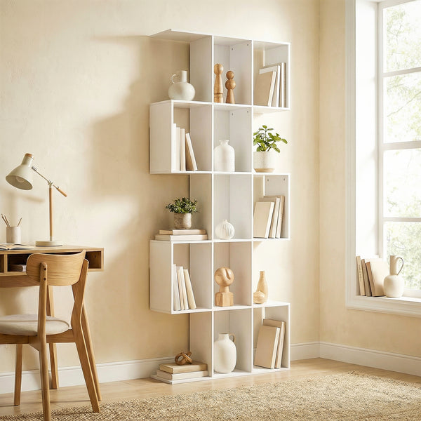 Bibliothèque à 5 niveaux en forme de S avec 15 compartiments, aspect bois blanc