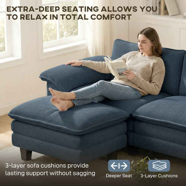 L-shaped sofa with deep seating, removable ottoman, and padded armrests, blue