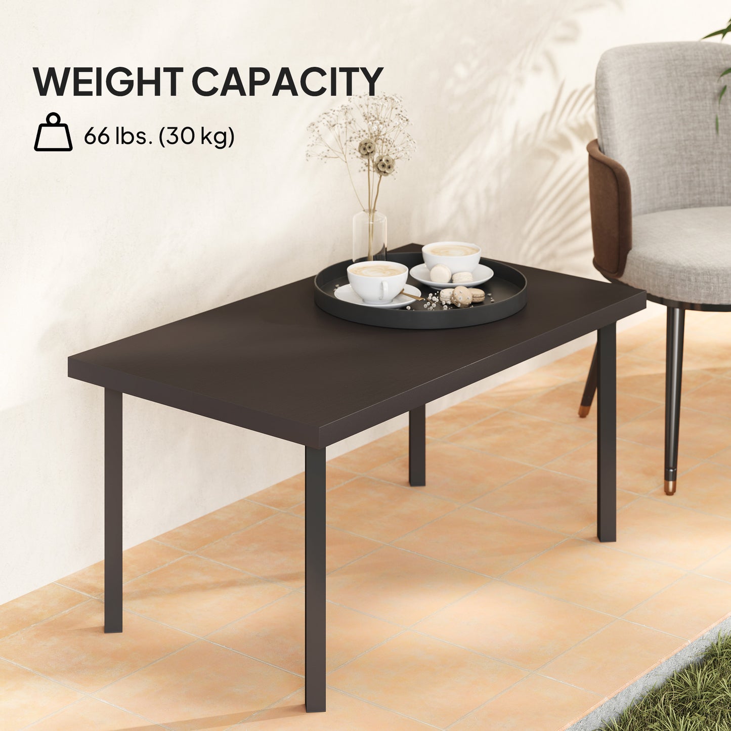 Outsunny Outdoor Metal Side Table, Rectangular Coffee Table with Faux Wood Top for Outdoor Garden, Brown 