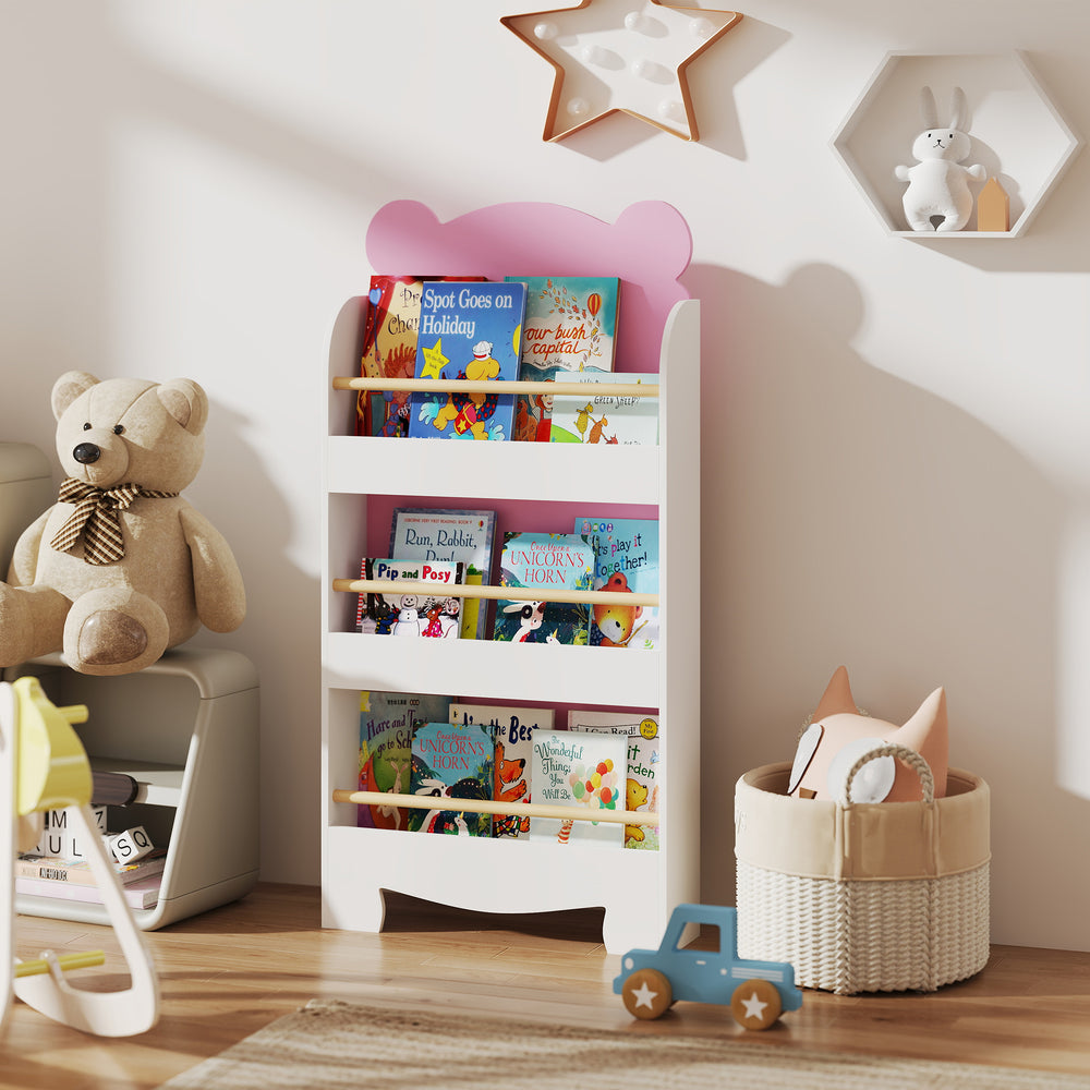 3-Tier Children's Bookcase, Bear Design, with Anti-Tip Device, Pink