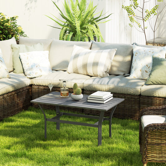 Table d'appoint d'extérieur Outsunny avec plateau à lattes, table basse en métal pour jardin et balcon, gris foncé